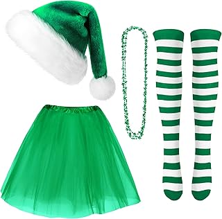 4 Pack Kid Christmas Costume Set Christmas Santa Hat Tutu Skirt Striped Tights for Christmas Holiday Dress Party (Green)