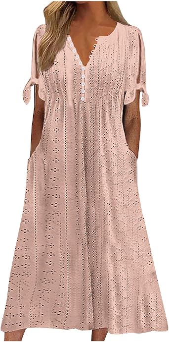 Eyelet Dress for Women Summer Beach Vacation Casual Cutout Short Sleeve Pleated V Neck Button Flowy Tshirt Midi Dresses