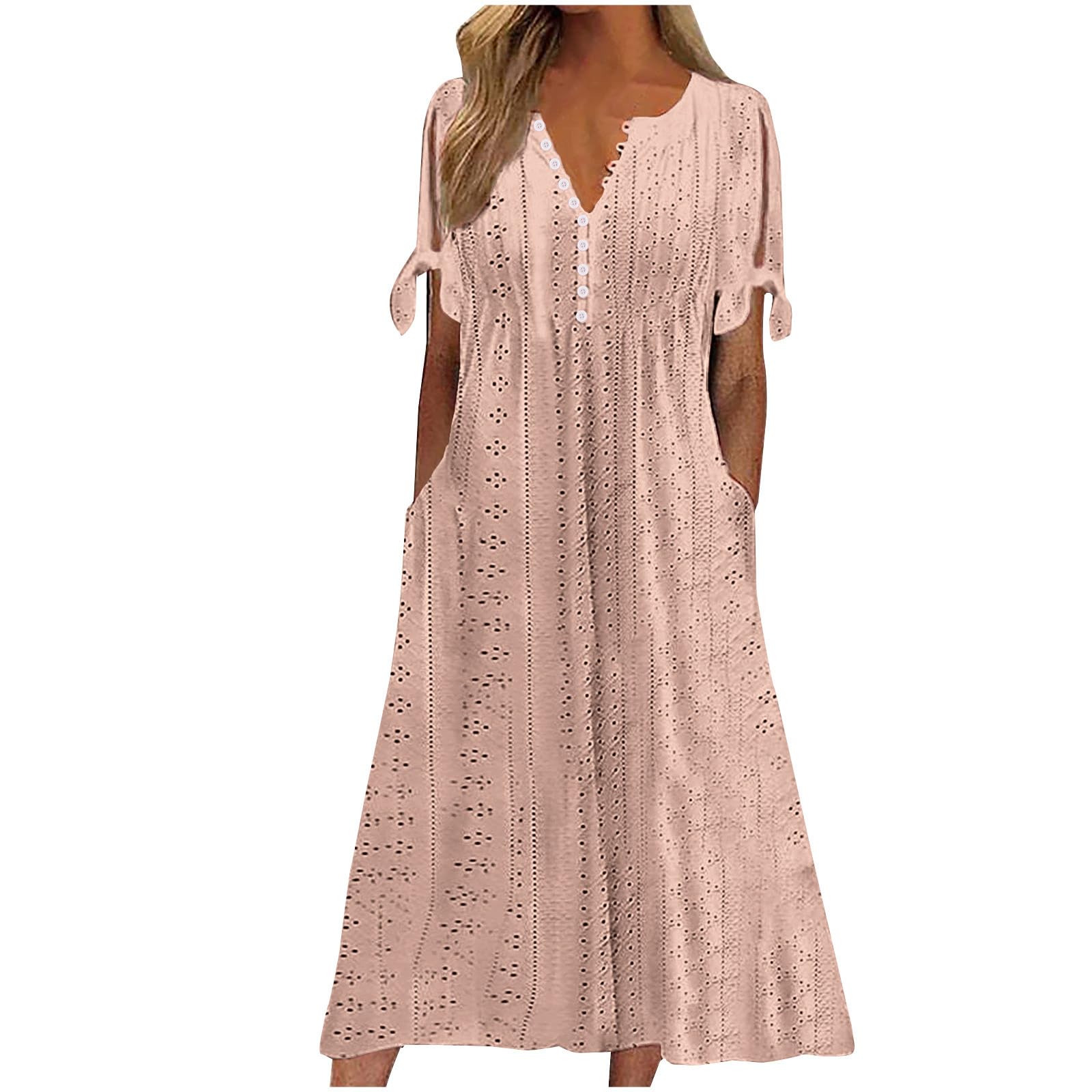 AMhomely Summer Dresses for Women UK Plus Size-Eyelet Maxi Dress,Button V Neck Long Dresses with Pocket,Solid Casual A-line Sundress,Beach Smocked Cover Ups,Holiday Vacation A Beige XXL
