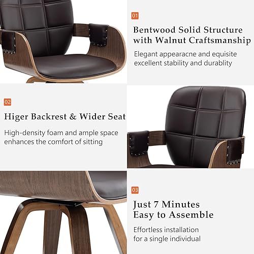 Miniatura 3 de Juego de 2 sillas de comedor giratorias de nogal, sillas de comedor de mediados de siglo con brazo y respaldo curvo, artesanía de nogal, estructura