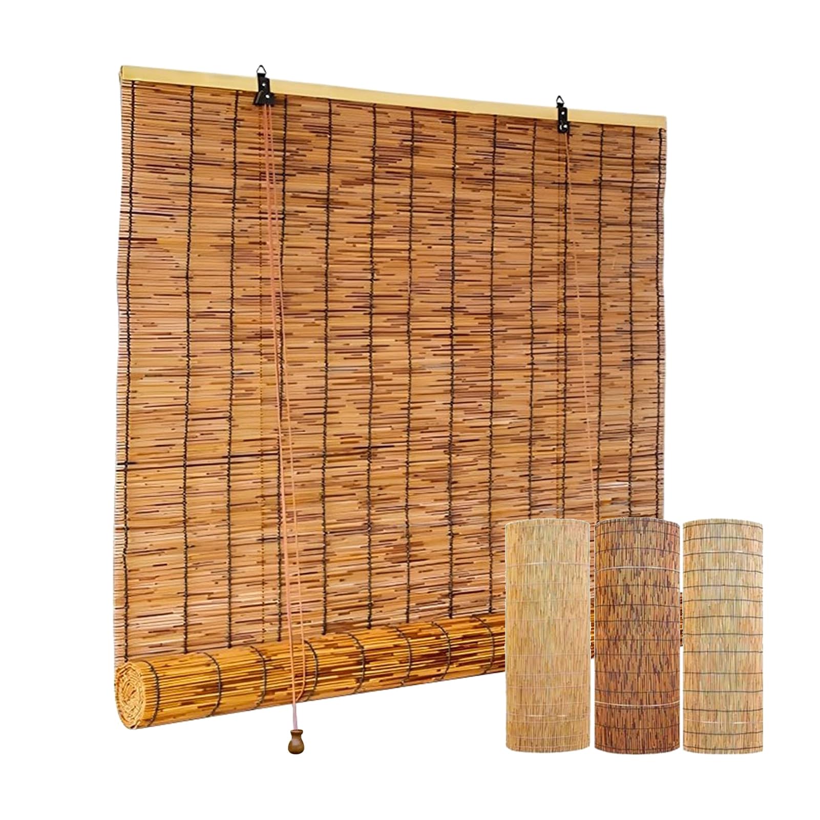 ZAJENKUB Retro Bamboo Roller Blinds Natural 90 100 120 145 170cm Wide Reed Curtains Outdoor Roller Blinds Shade With Lifter Sunshade Roman Blinds for Kitchen Windows Bamboo Blinds