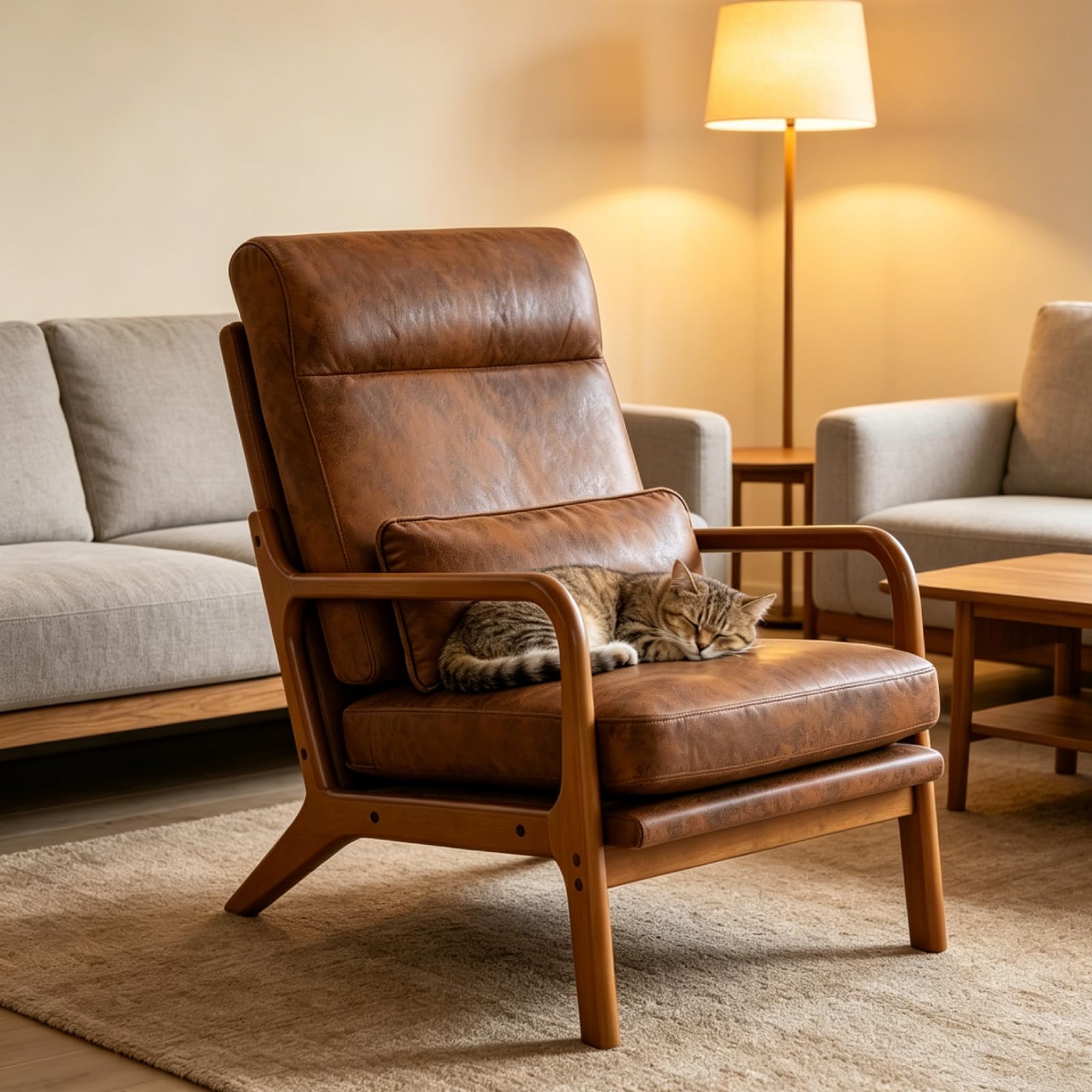 LEADZM Fauteuil de Salon avec Cadre en Bois Massif Fauteuil Lounge, Fauteuil Relax Scandinave, Dossier Haut, pour Salle à Manger, Salon, Chambre, Siege Bureau (Marron)