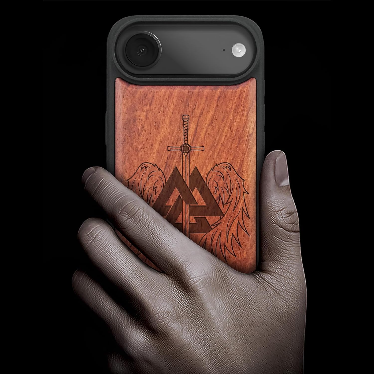 Carveit Magnetic Wooden Case for iPhone Air Case, Wood Artisan Engraved & Soft TPU Shockproof Cover, Compatible with MagSafe 17 Air Wireless Chargers (Valknut and Sword) Rosy