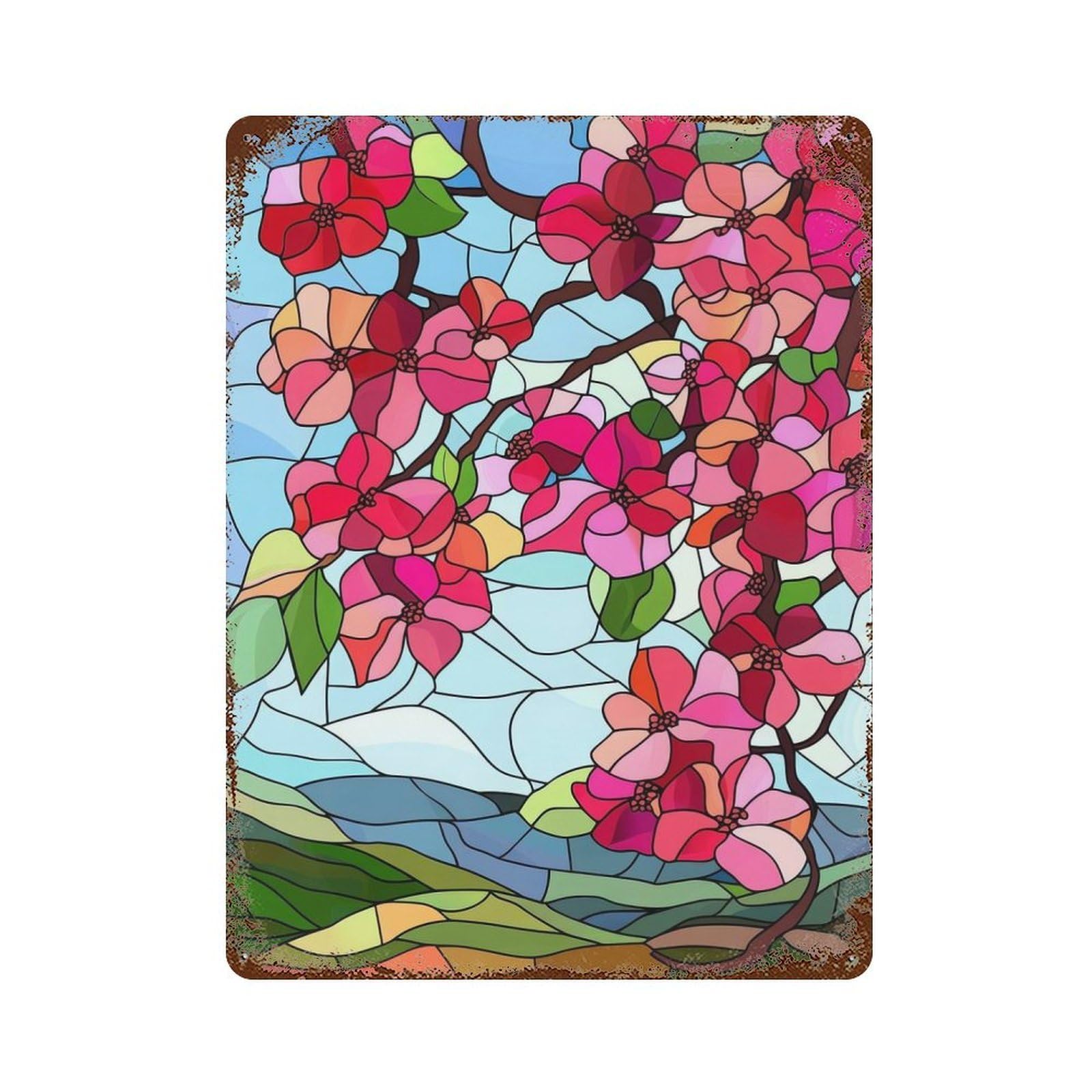Stained Glass Spring Blossoms Rusty Metal Tin Sign 15.7"x11.8", Industrial Home Decor for Garage, Pub Or Kitchen