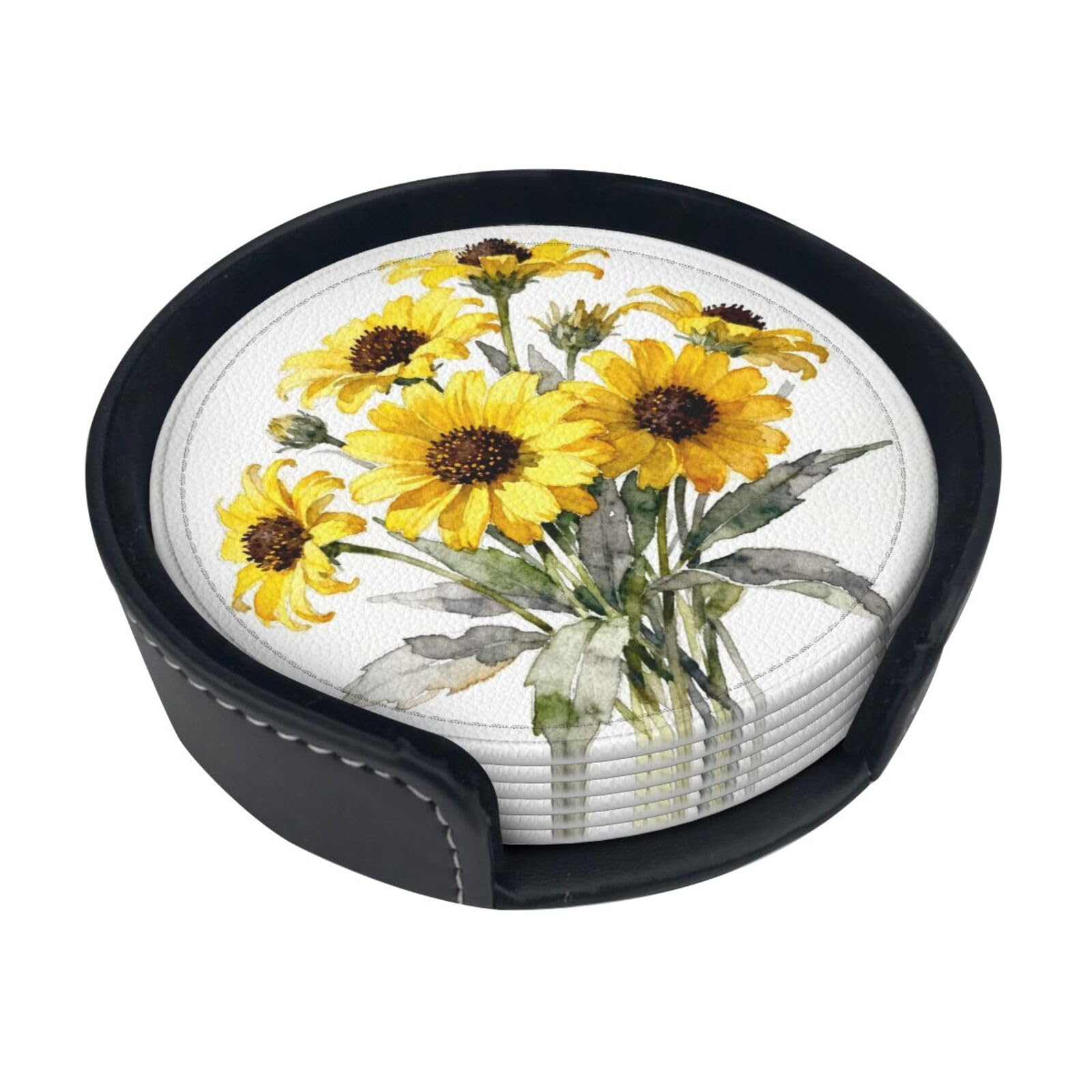 Cntdbu White Watercolor Chrysanthemums Leather Coasters Set Of 6-Pu Leather Drink Mats For Table, Heat Resistant Round Coasters With Holder