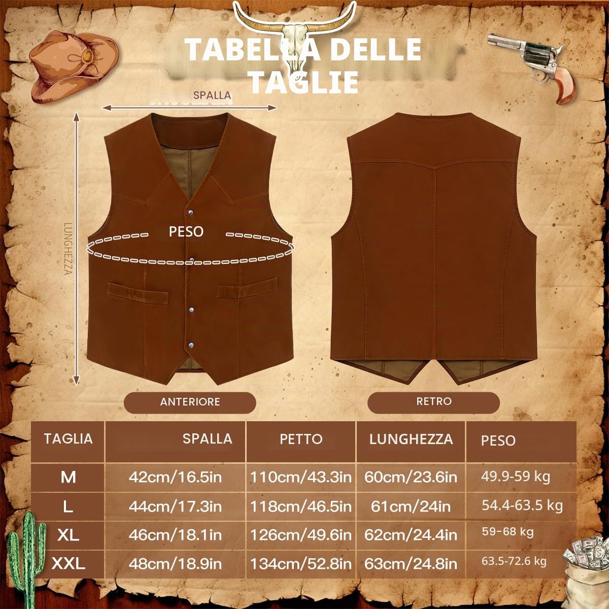 Costume Cowboy Uomo Completo con Gilet Cappello Occhiali da Sole Collana Bracciale e Bandana per Festa a Tema Western Vestito Carnevale Hippie Halloween