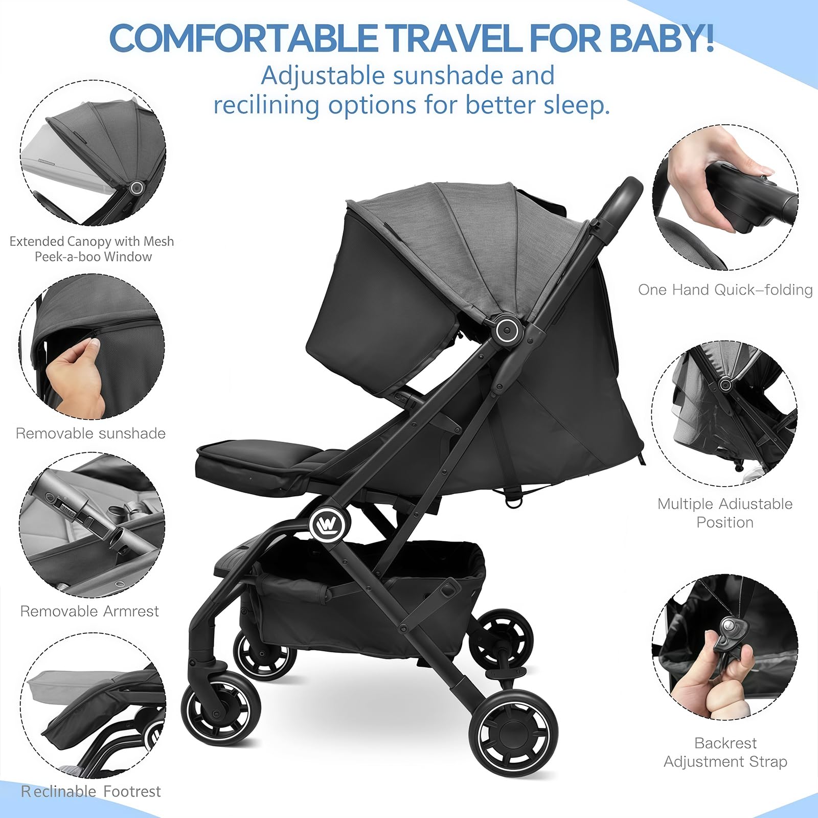 Leichter Kinderwagen, Kompakter Reisebuggy mit Ausziehbarem Fußsack & Schlafverdeck, Einhand-Einfaltbarer Buggy, Verstellbarer Sitz für Kleinkinder 0-36 Monate