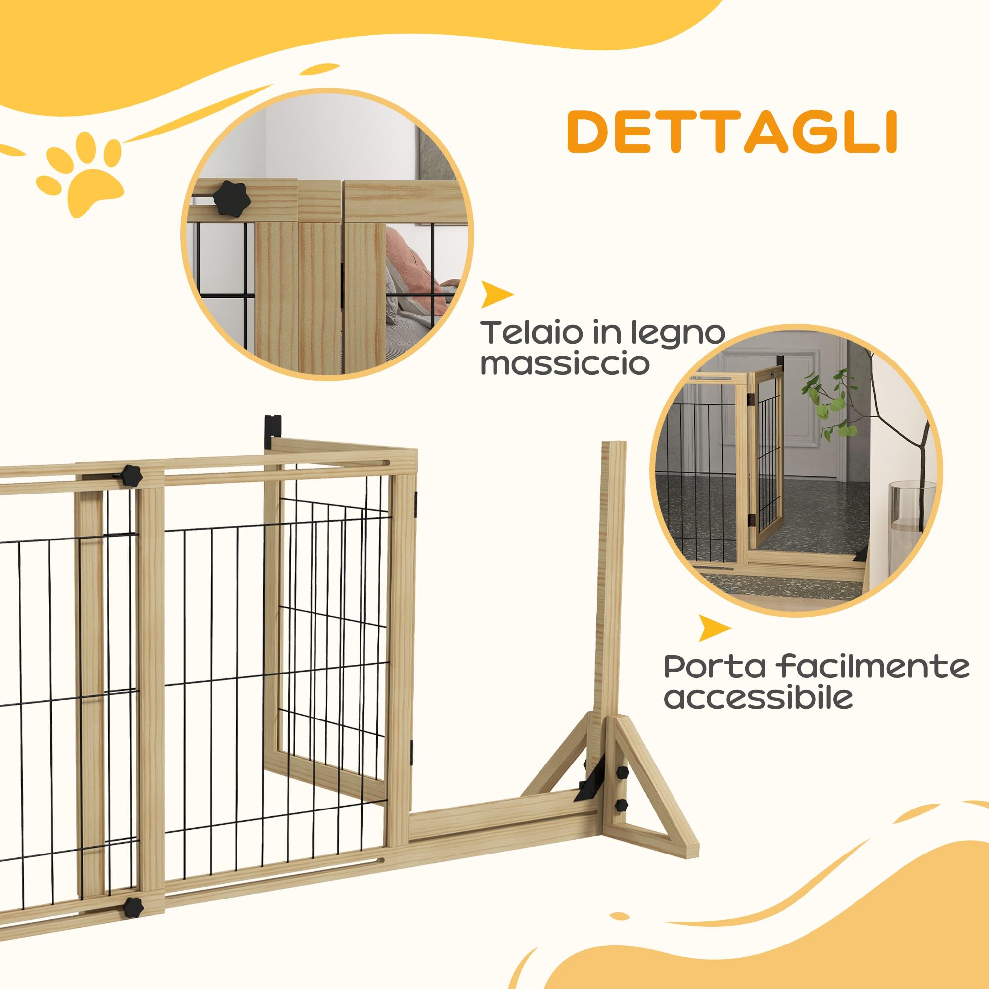 PawHut Cancellino per Cani Estensibile Porta 112-159x70 cm Legno Naturale | Cancelletto di Sicurezza per Animali e Cuccioli, 2 Pannelli, Piedini Triangolari