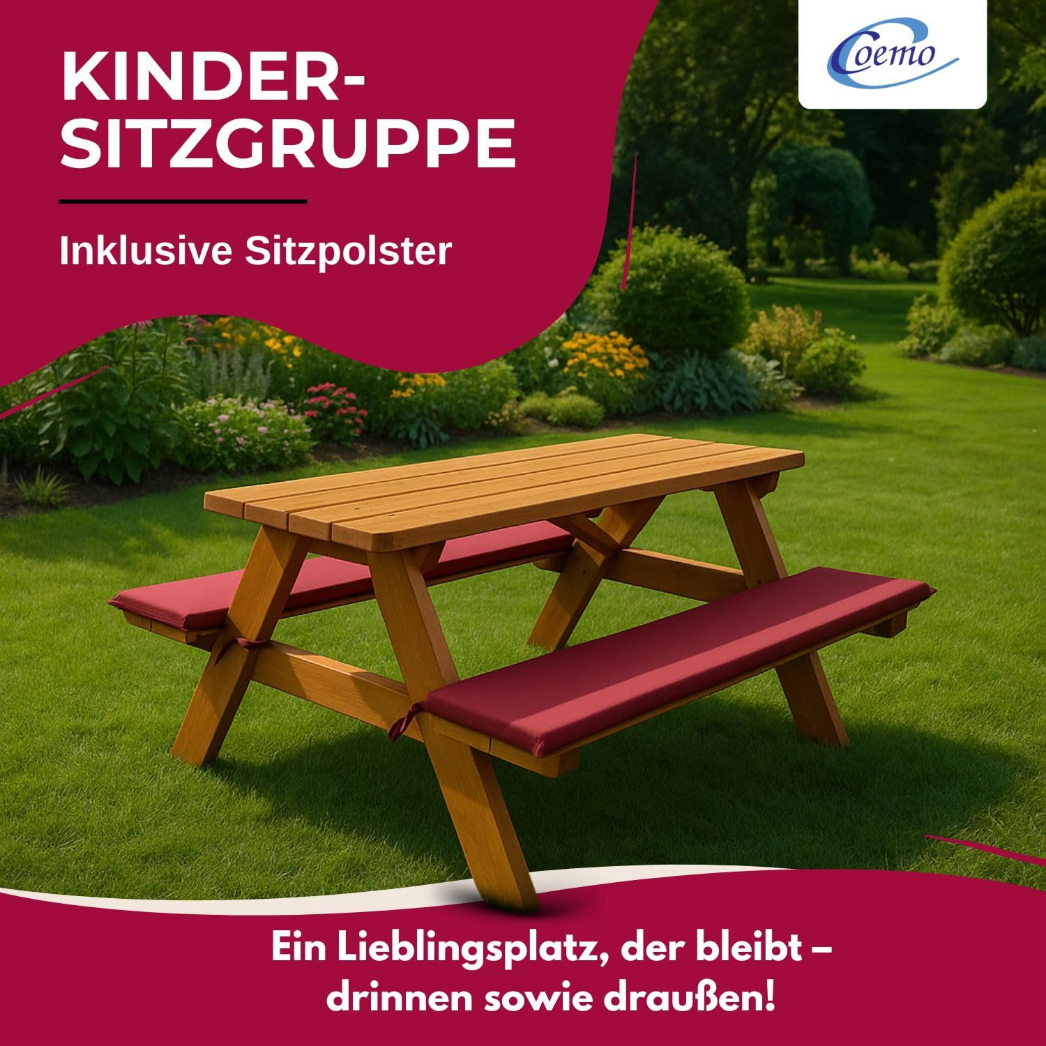 Coemo Robuste Kinder-Sitzgarnitur Outdoor mit 2 Polster Picknicktisch Kindersitzgruppe Kindertisch für Garten und Balkon Spieltisch Gartentisch Holz (Rotbraun, 89x79x50cm)
