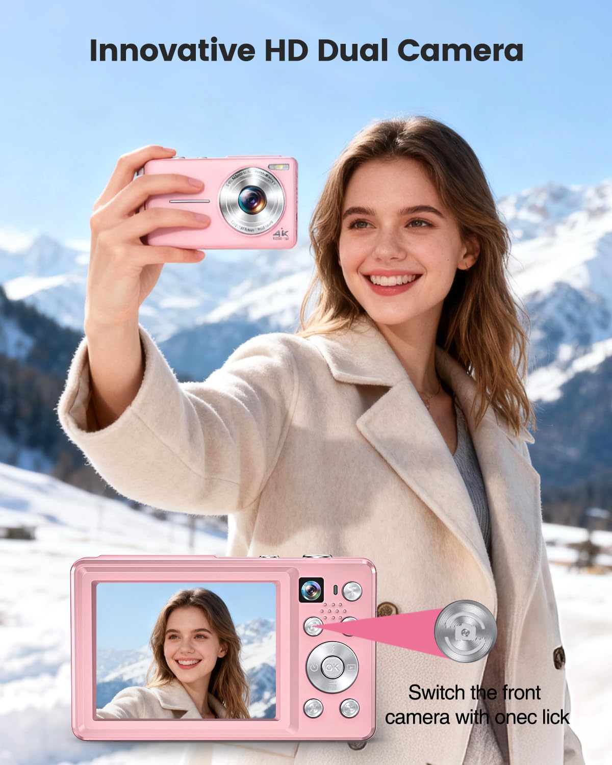 4K Fotocamera Digitale 64MP Macchina Fotografica Digitale con Doppia Lente, Autofocus, Scheda 32 GB, Zoom Digitale 16x, Fotocamera Digitale Compatta con 2 Batterie, per Adolescenti e Principianti