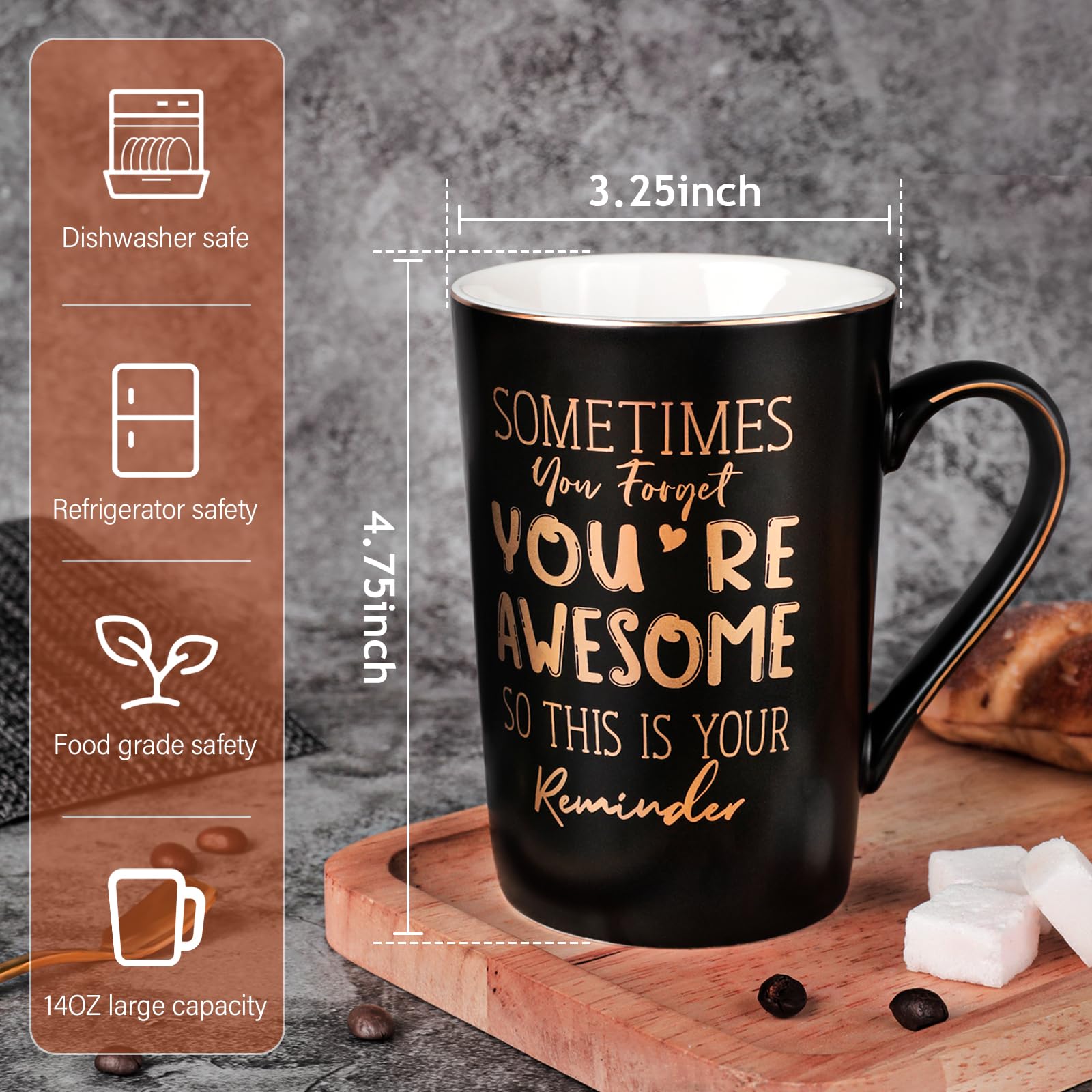 Regalos de agradecimiento para hombres, Sometimes You Forget You're Awesome - Taza inspiradora de cerámica negra única de 14 onzas con impresión dorada, regalos divertidos para novio, marido, él, en