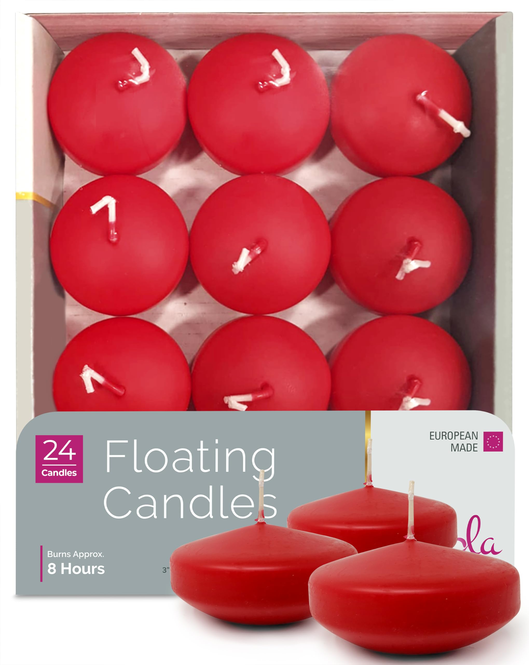 Hyoola Candele Galleggianti Premium - Candele Colorate Rosso - Set da 24 Candele Decorative - Durata Candele 8 Ore - 75 mm - Made in Europe