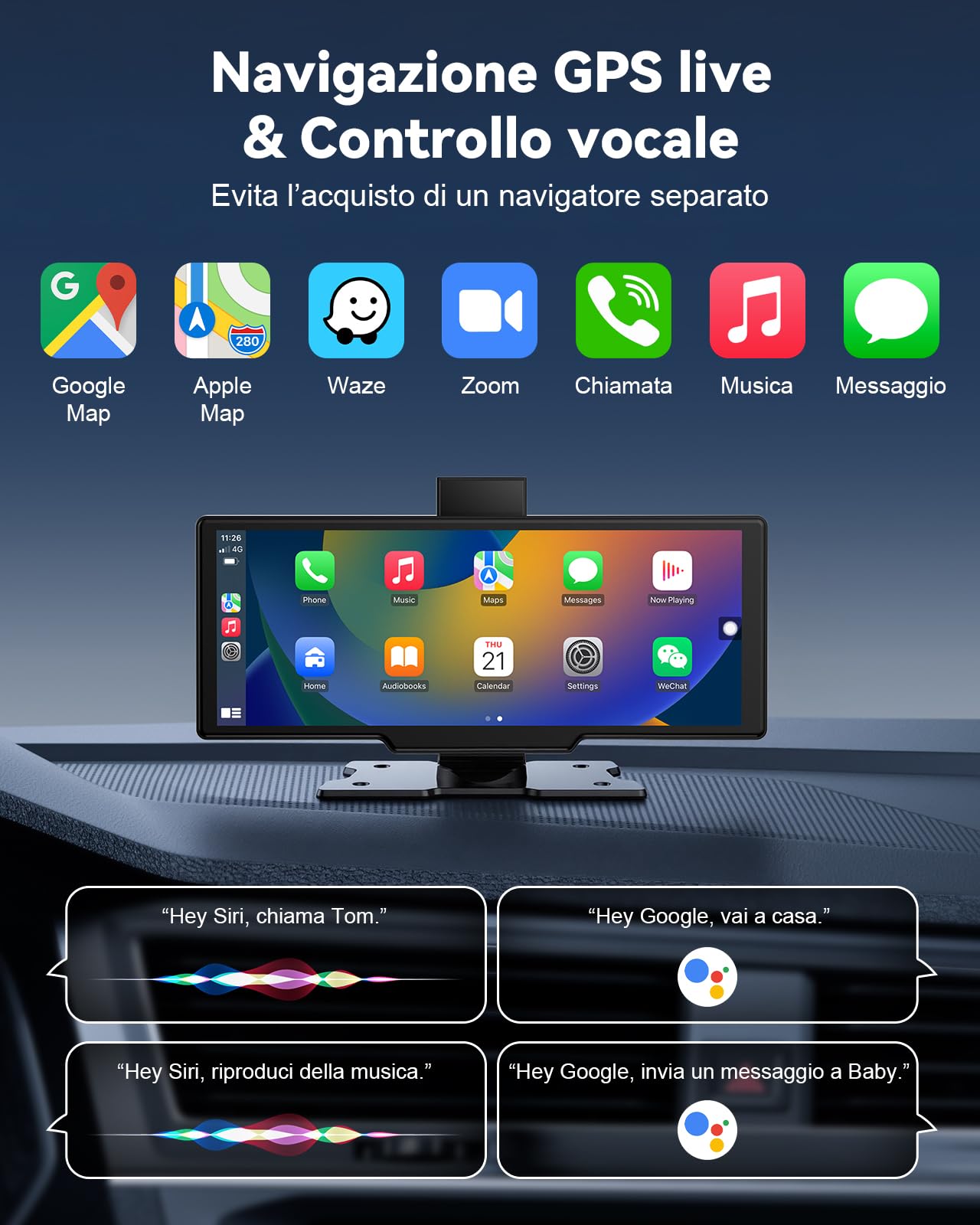 Schermo per Auto 10,26", Schermo Carplay Portatile Wireless per A-pple CarPlay & Android Auto con Tablet Auto Touchscreen IPS, GPS, Controllo Vocale, Bluetooth, Mirror Link, FM, AUX