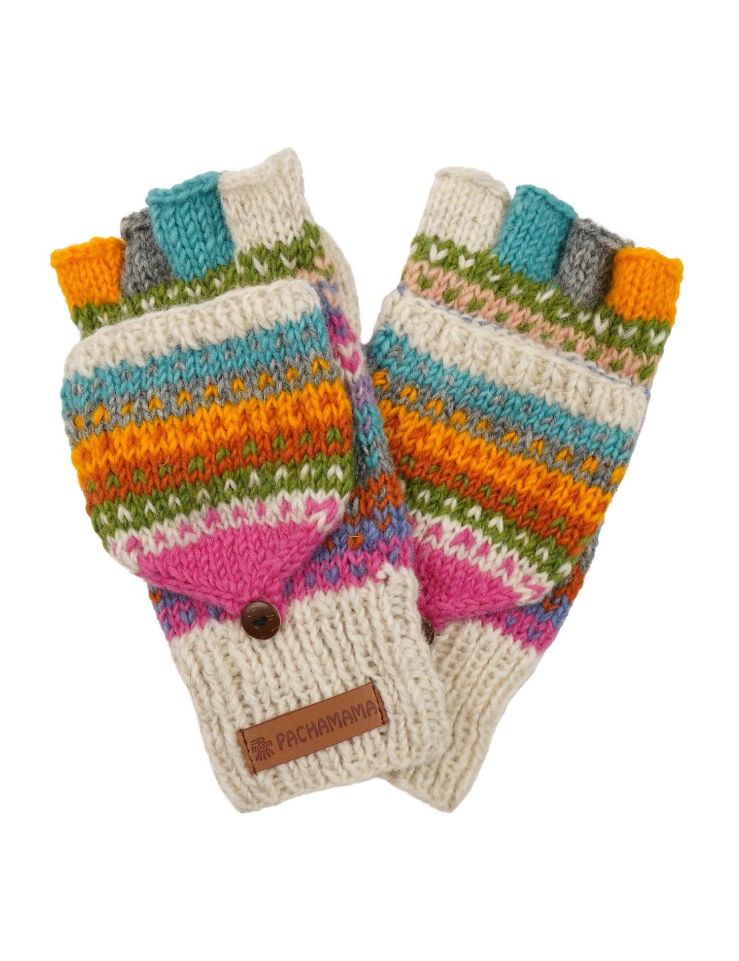 Pachamama Women Wool Fingerless Glove Mittens Handknitted Dots Stripes Multicoloured One-Size Handmade Extra Warm Fair Trade