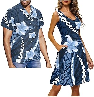 Men and Women Matching Outfits Polynesian Dress for Women Men's Button Down Short Sleeve