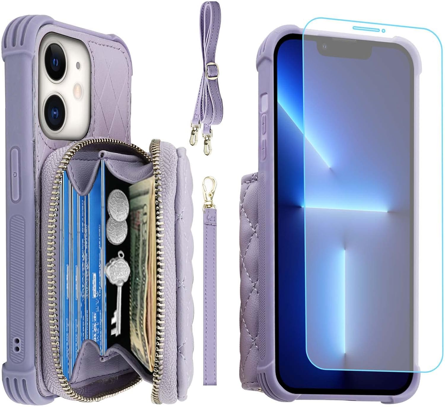 MONASAY Zipper Wallet Case Fit for iPhone 12 Pro/iPhone 12,[Glass Screen Protector ][RFID Blocking] Flip Leather Handbag Phone Cover with Card Holder and Crossbody Lanyard Strap, Light Purple
