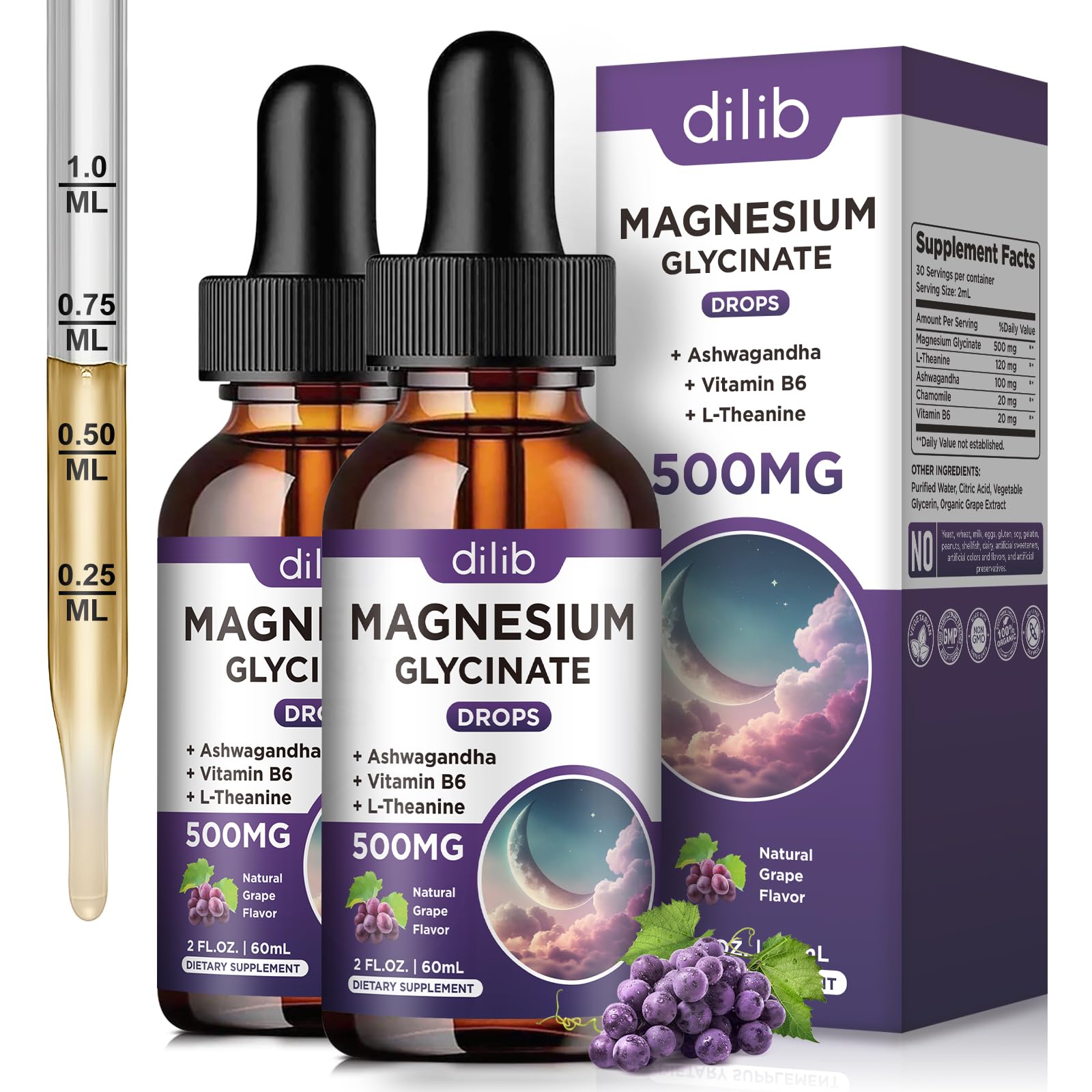(2 Pack) Magnesium Glycinate Liquid Drops 500mg, with Vitamin B6, Ashwagandha, L - Theanine, Chamomile, Magnesium Glycinate Supplement High Absorption for Sleep, Stress, Energy Mood - Grape Flavor