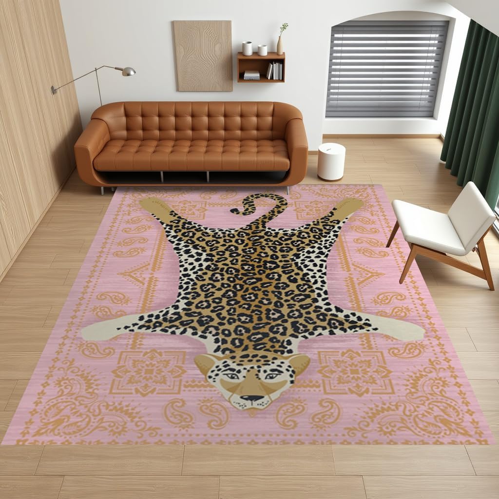 Vintage Boho Cheetah Print Area Rug 5x7 Pink Gold Floral Leopard Faux Wool Rug for Living Dining Room Bedroom Foldable Low Pile Carpet Washable Anti Slip Office Guestroom Nursery Floor Rugs Mat