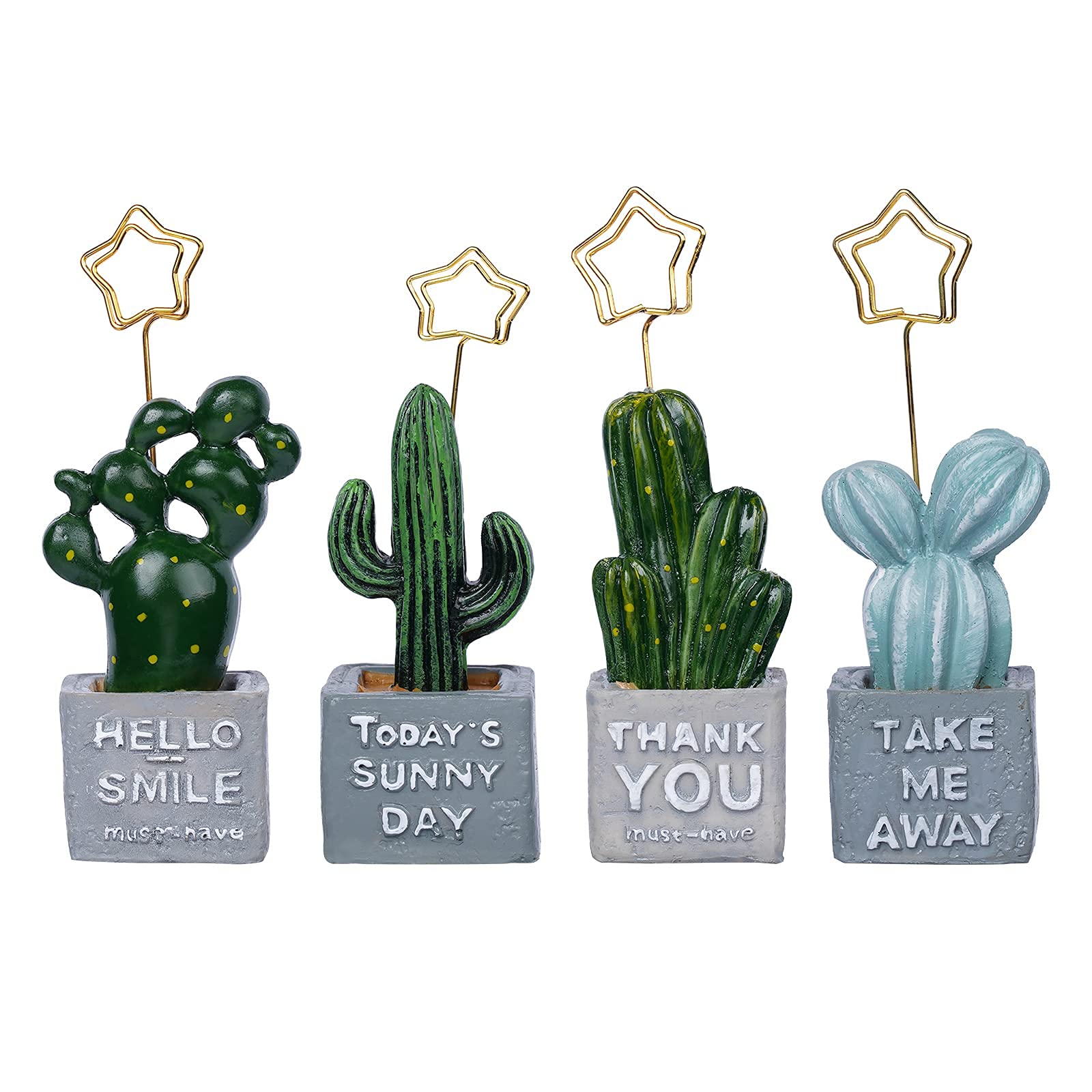 4 Pieces Artificial Plants Bonsai Card Clips Resin Cactus Photo Memo Place Number Holder Stand Desktop Decor