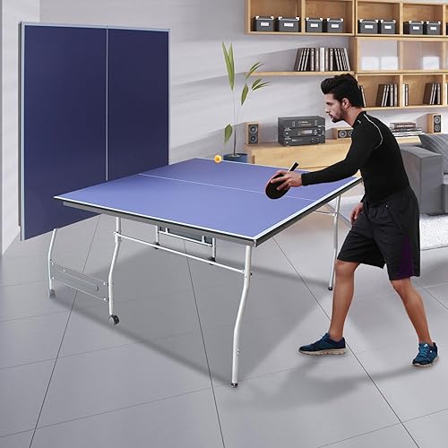 Ping Pong Table Foldable Indoor 8FT Single Player Playback Mode Game Set with Paddles and Balls