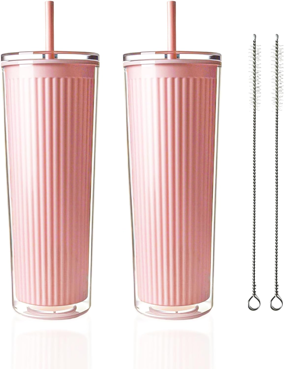 Lily's Home Insulated Tumbler Cups with Straws and Lids, Double Wall Clear Acrylic Plastic. Perfect for Iced Coffee, Hot Drinks, Water. BPA Free. Multicolor lids - 4 Pack (32 oz, Clear)