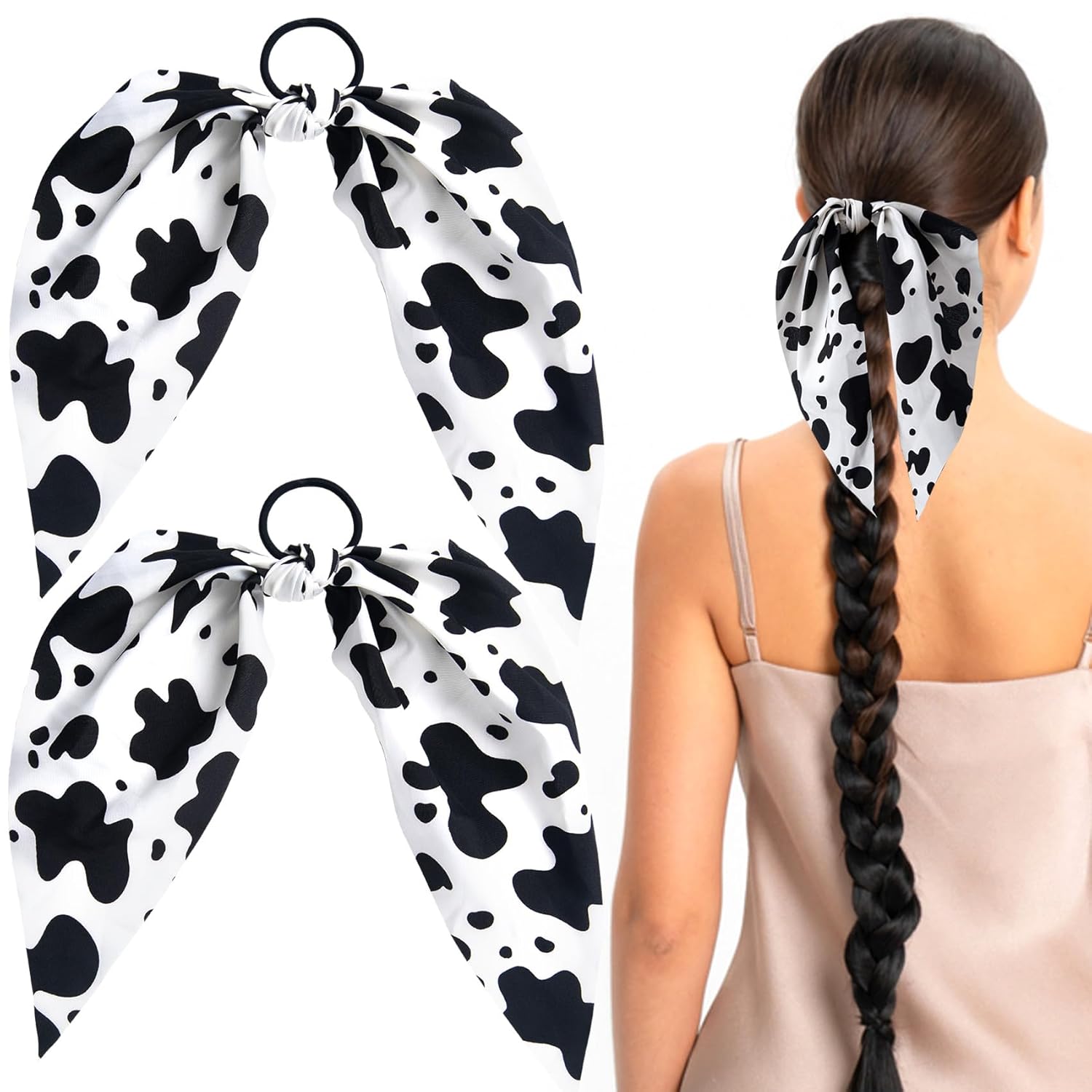 2 Pcs Cow Print Bow, Cow Print Bandana, Rabbit Bunny Ear Bow Bowknot Scrunchie, Cow Print Hair Accessories for Women, Long, Short, Curly, Straight Hair