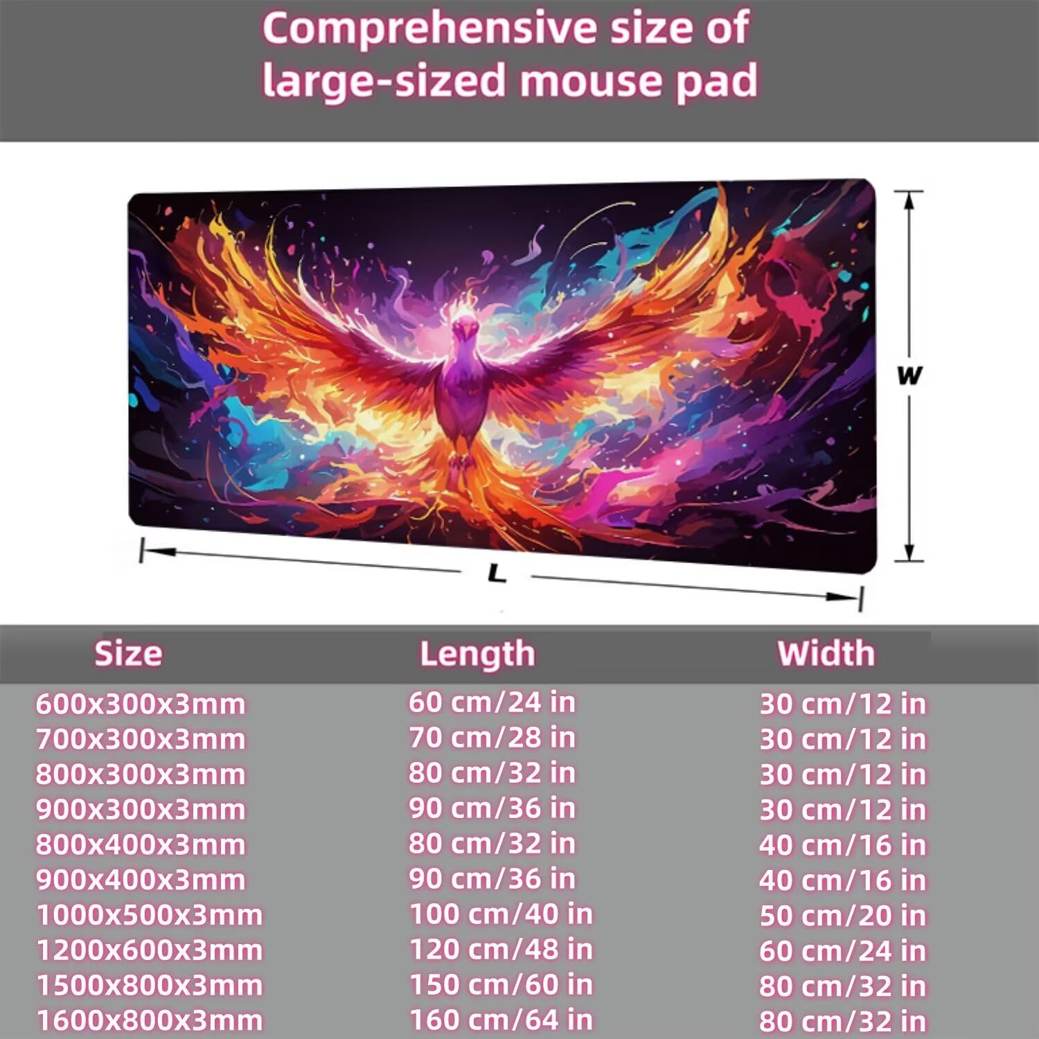 Feniks fantazyjna podkładka pod mysz 1500 x 800 x 3 mm pod biurko akcesoria do gier, podkładka pod mysz do klawiatury z przeszytymi krawędziami i antypoślizgowym tyłem, wysoka precyzja i szybkość, dla