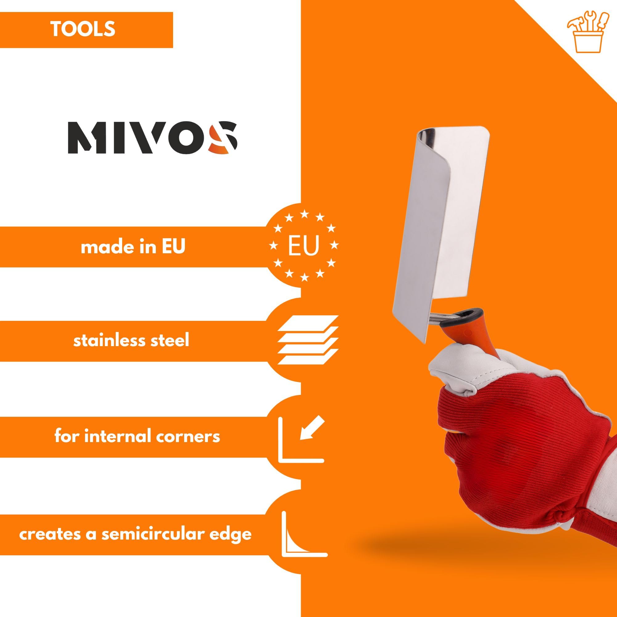 MIVOS Corner Trowel 120 x 95 mm, Round Trowel, Edge Trowel, Stainless Steel Interior Corner Trowel - Image 2