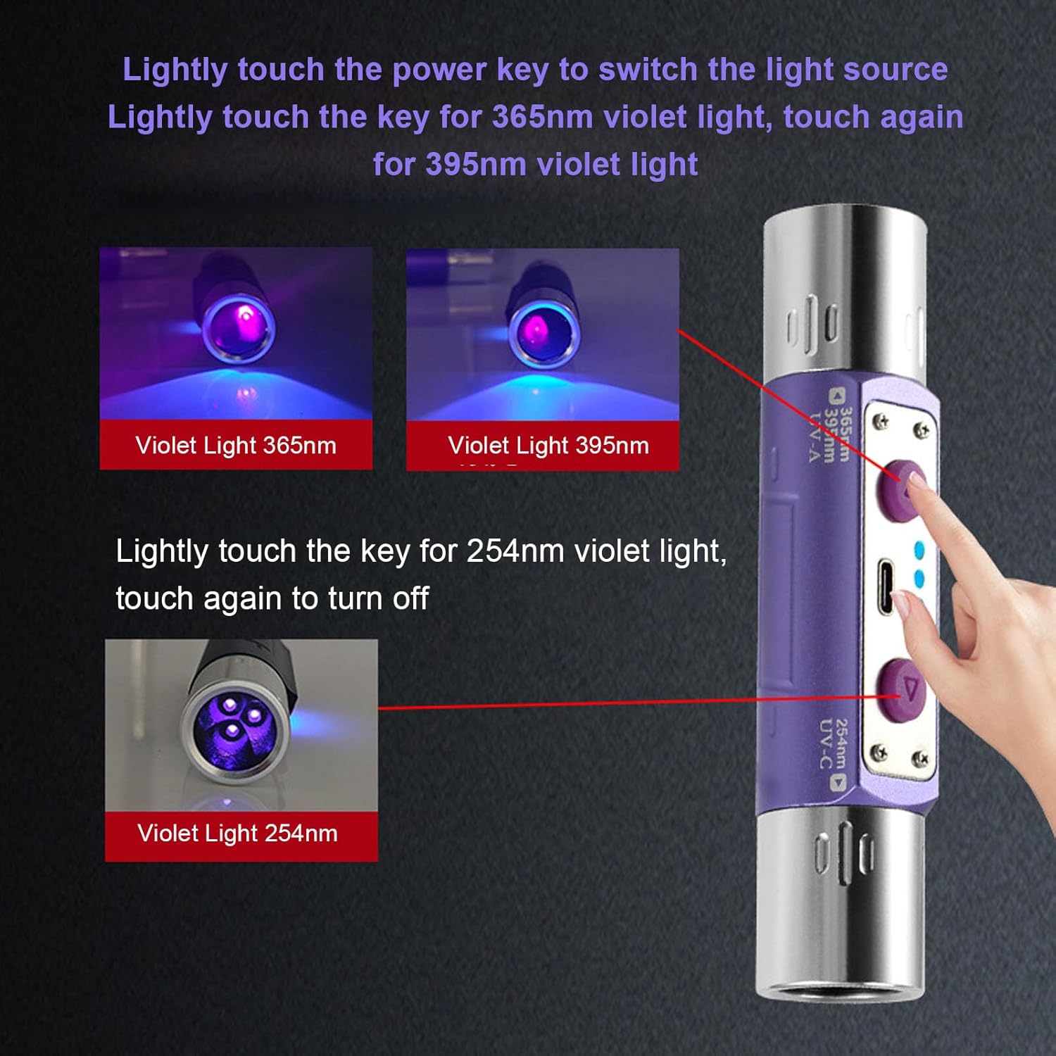 Black Light Flashlight Detector, Multi Functional for Jade Ceramics Artwork Ink Inspection, 254nm/365nm/395nm Wavelengths, Built in Battery