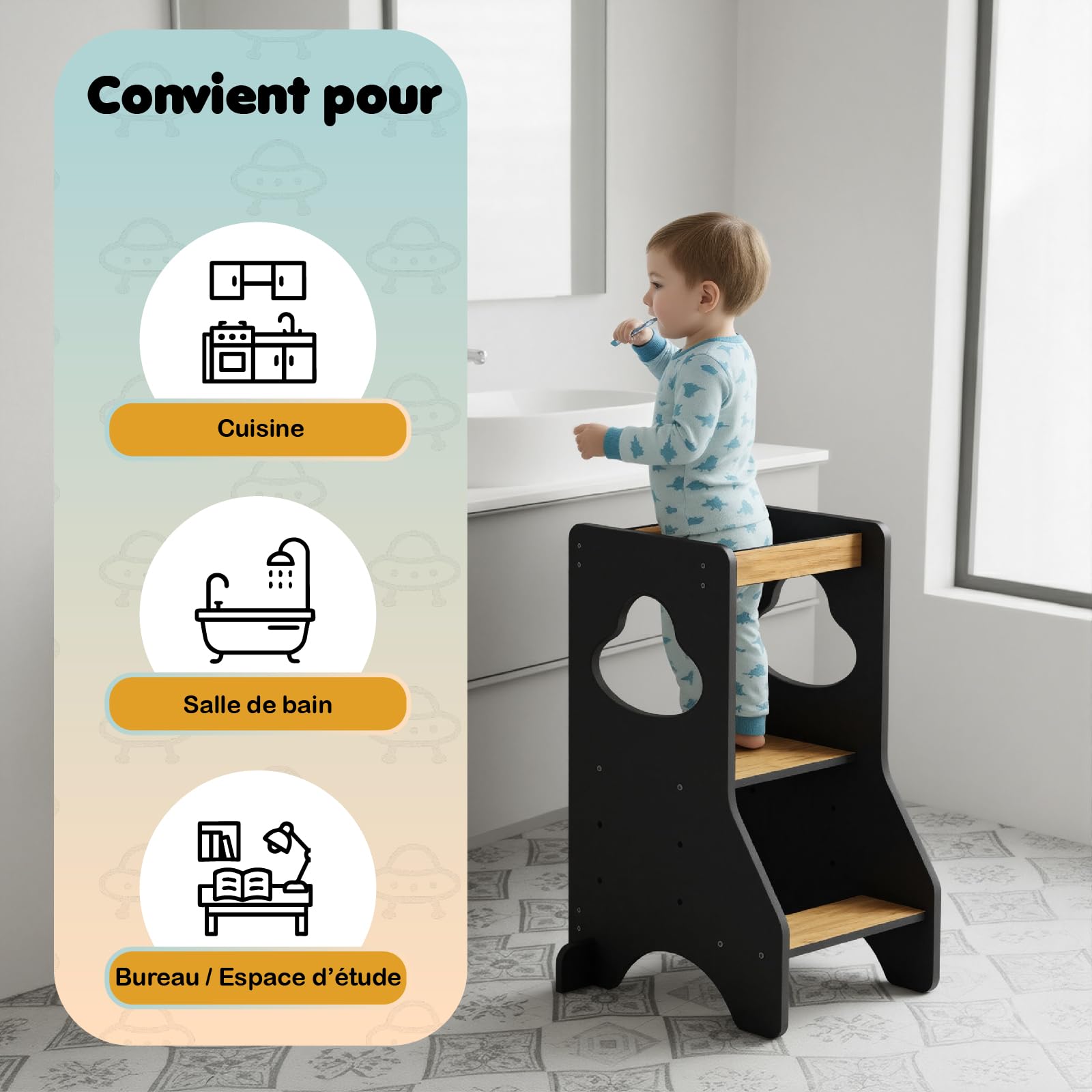 COSYLAND Tour d Observation Montessori Réglable en Hauteur pour Enfants de 18 Mois à 6 Ans, Chaise d Apprentissage Sécurisée en Bois, Design Moderne et Stable, Idéale pour Bébé - Noir/Naturel
