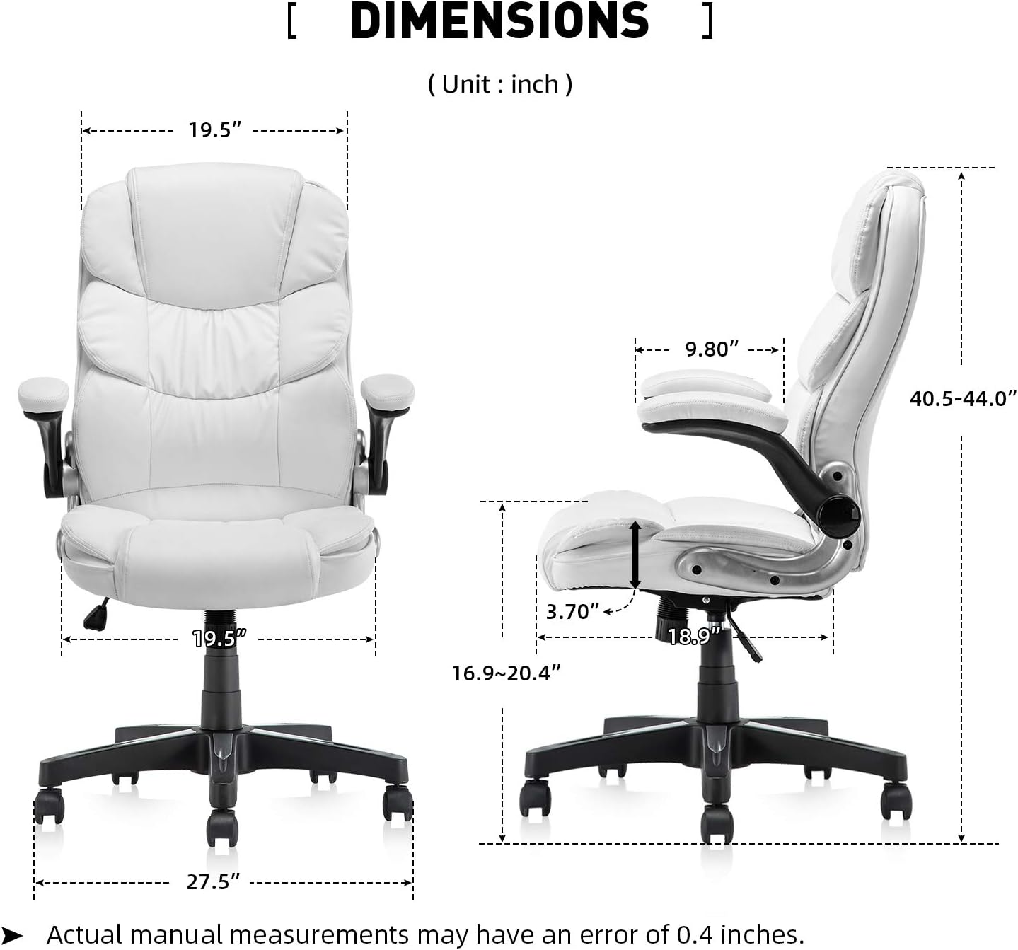 Office Chair, High Back Premium PU Leather Office Computer Swivel Desk Task Chair, Ergonomic Executive Chair with Lumbar Padding and Flip-up Armrests (61AB33WH)