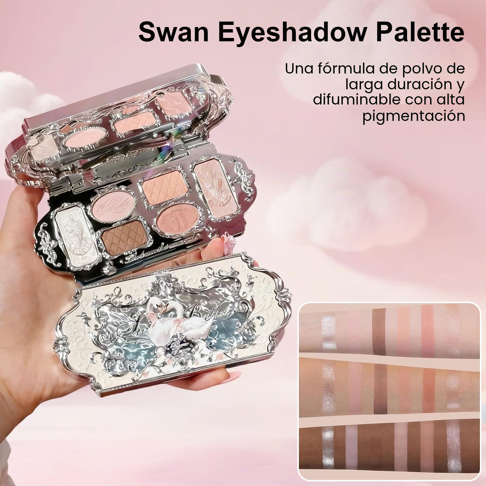 Paleta Sombras de Ojos 6 Colores, Serie Swan Ballet con Relieve de Cisne, 4 Mate & 2 Brillantes, Textura Cremosa Super Pigmentada para Maquillaje de Ojos (Blanco)