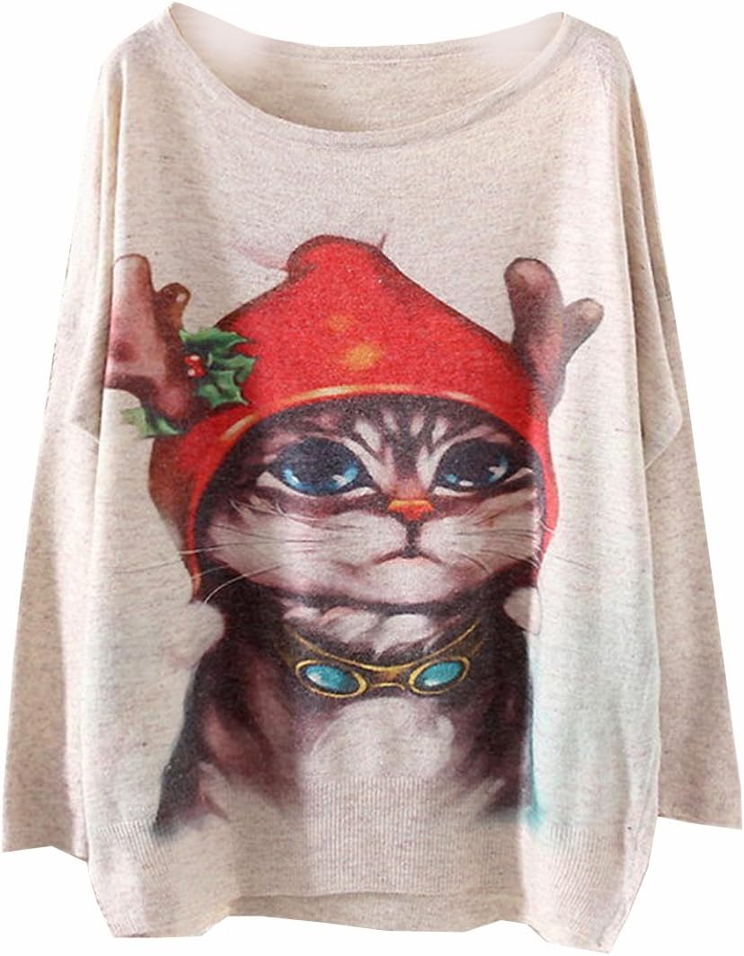 Women's Sweater PullOver Jumper Vintage Cat Winter