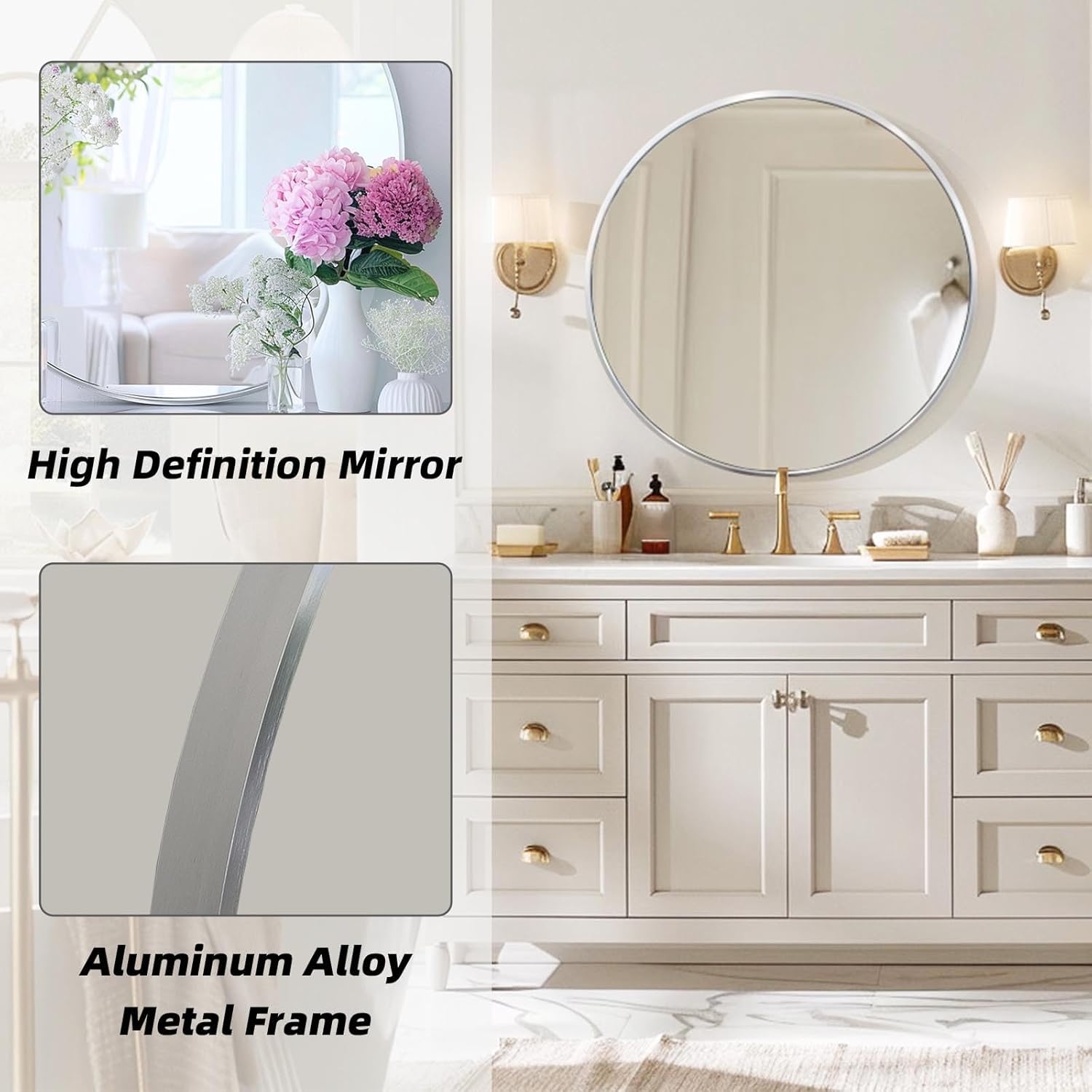 Round Silver Mirror, 30 Inch Circle Silver Mirror, Metal Frame Round Wall Mounted Mirrors for Bathroom, Living Room, Bedroom, Entryway, Vanity, Chrome, Nickel