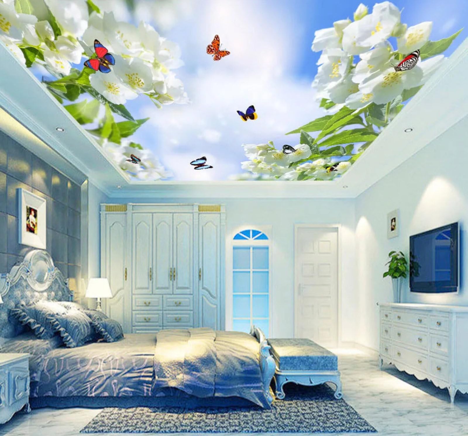 Fresh Sky Beautiful Flowers Butterflies 3D Wallpaper Easy Install Feature Office Living Room Sofa Bedroom TV Background Wall Decoration-150cm×105cm