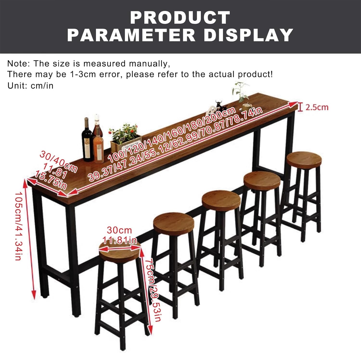 Bar Height Pub Table Long Dining Table Kitchen Table Modern Wood Bar Table Set with Footstool for Dining Room Cafe.(Walnut White,39.4x11.8x41.3in)