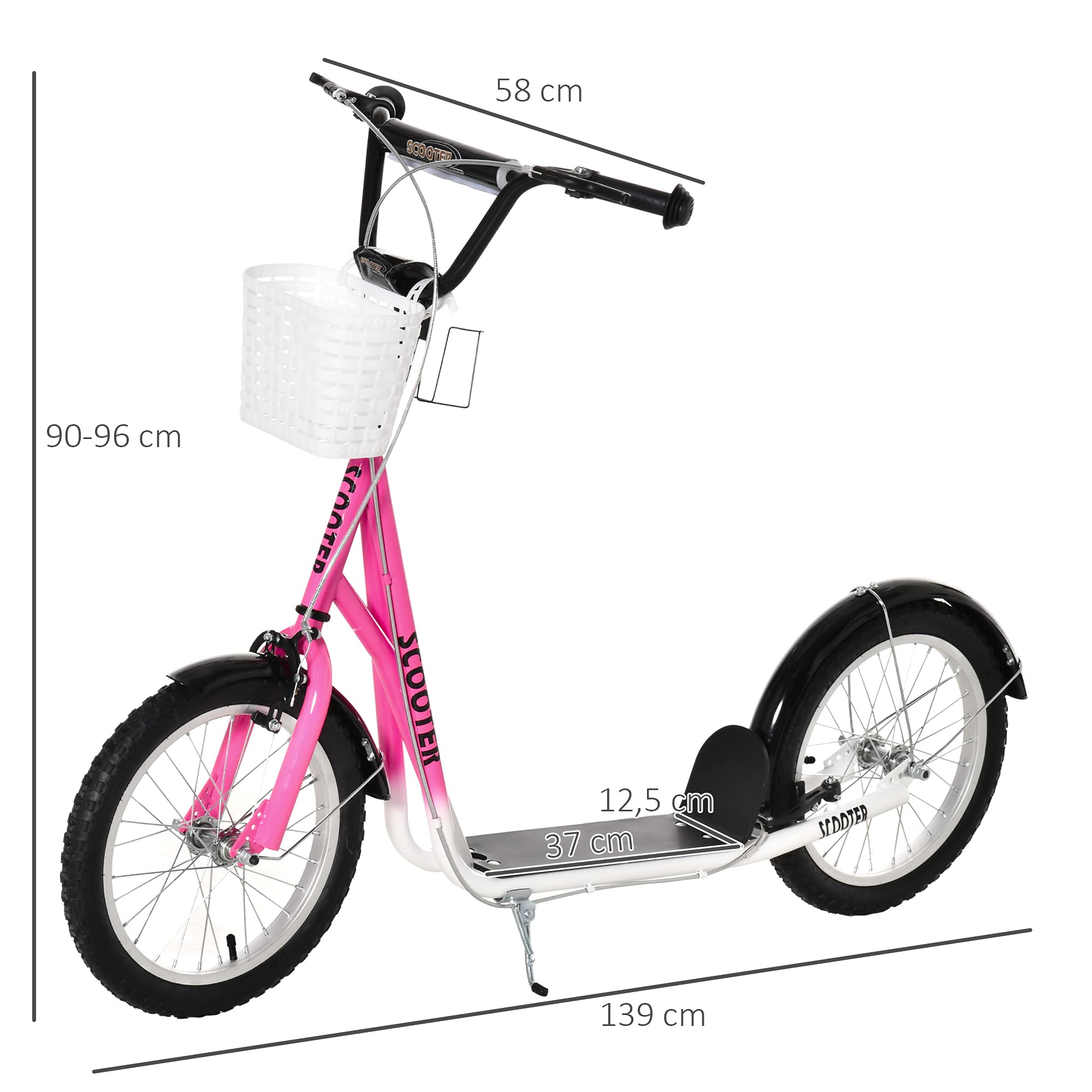 HOMCOM Roller Kinderroller mit Luftreifen Handbremse, 16 Zoll Tretroller Höhenverstellbar Kickscooter für Jungen und Mädchen 5-12 Jahre Kickboard Cityroller Kinder Scooter