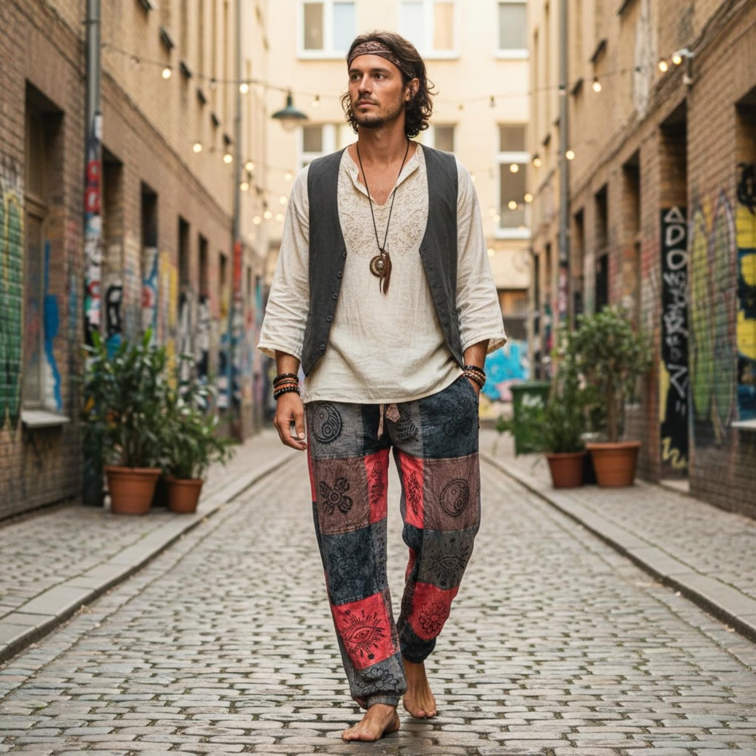 GURU SHOP Patchwork Stonewash Pantalon de yoga unisexe en coton Goa pour homme