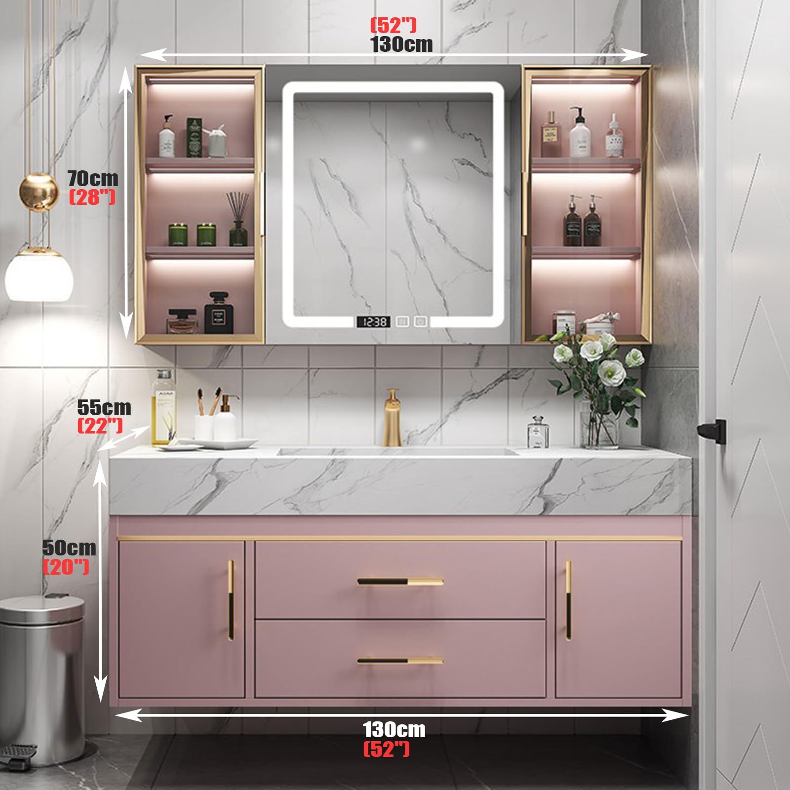 Juego De Muebles De Baño con Lavabo, Mueble De Baño con Cajones Y Gabinete De Espejo De Iluminación LedPink,130cm/51in