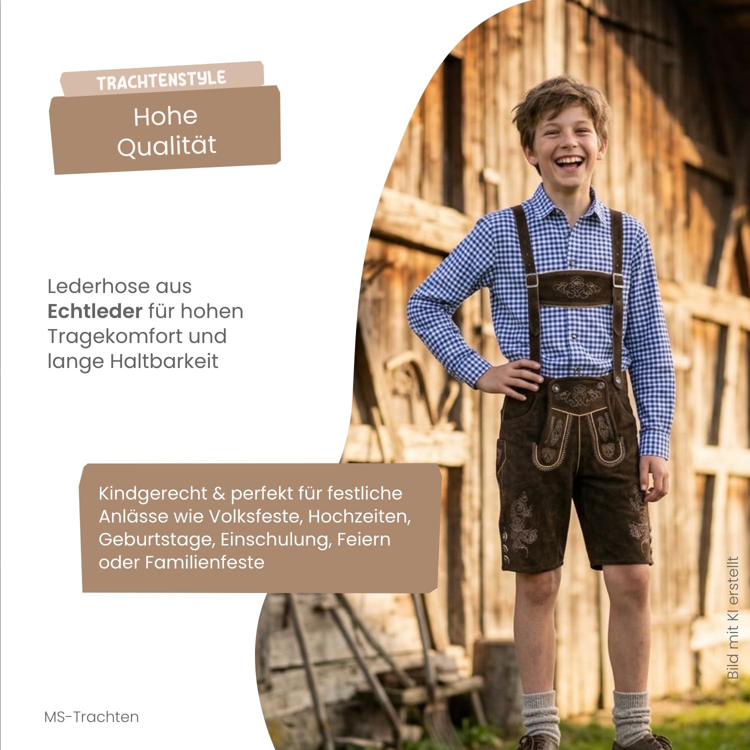 MS-Trachten Pantaloni Tradizionali in Pelle per Bambini Pantaloni Leo Tracht Marrone Corto