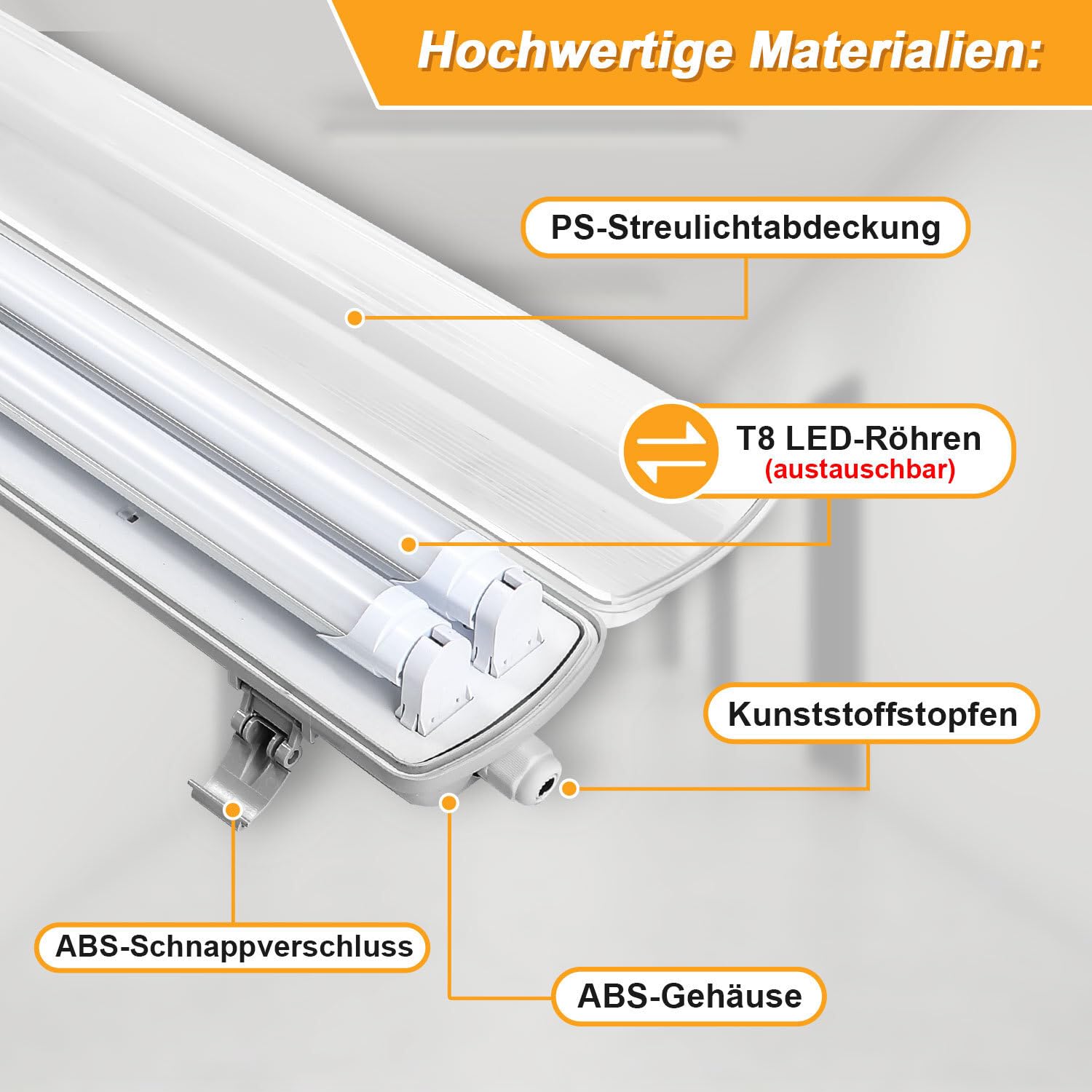 4er Set 120cm LED Feuchtraumleuchte 2-flammig, IP65 Wannenleuchte inkl. 2x18W T8 Röhren (3600lm), 4000K NW, Industrieleuchte für Garage & Werkstatt