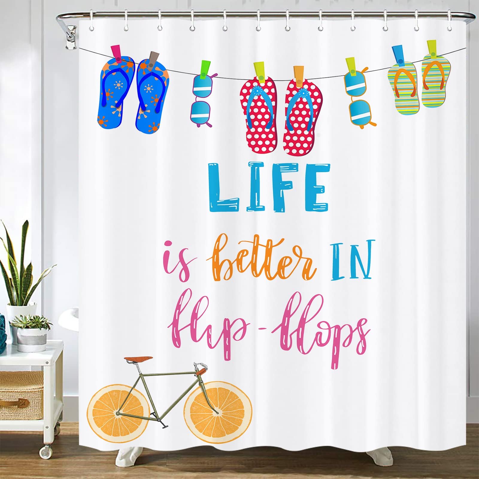 Gaakvrr Summer Hawaii Shower Curtain Life is Better in Flip Flops Waterproof Bathroom Curtain Set with 12 Hooks (180x180 cm)