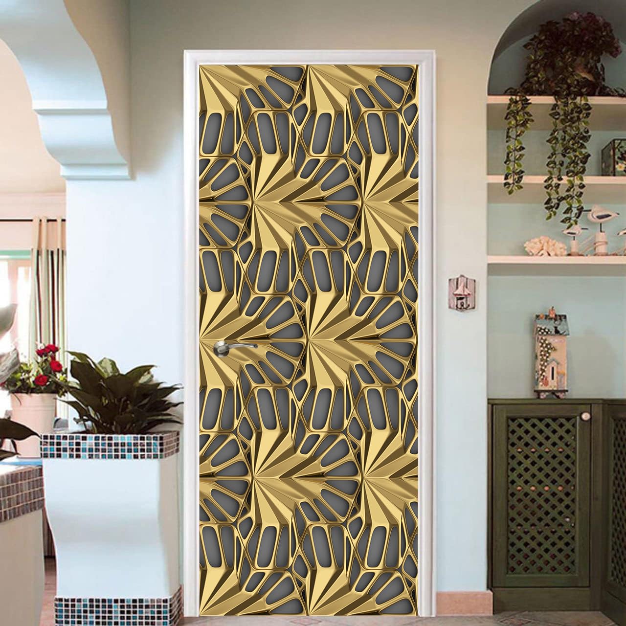3D Door Mural Sticker with White Orchid Floral and Circle Pattern, Self-Adhesive Wall Decal for Home Decor (Color 589, 3x7 ft)
