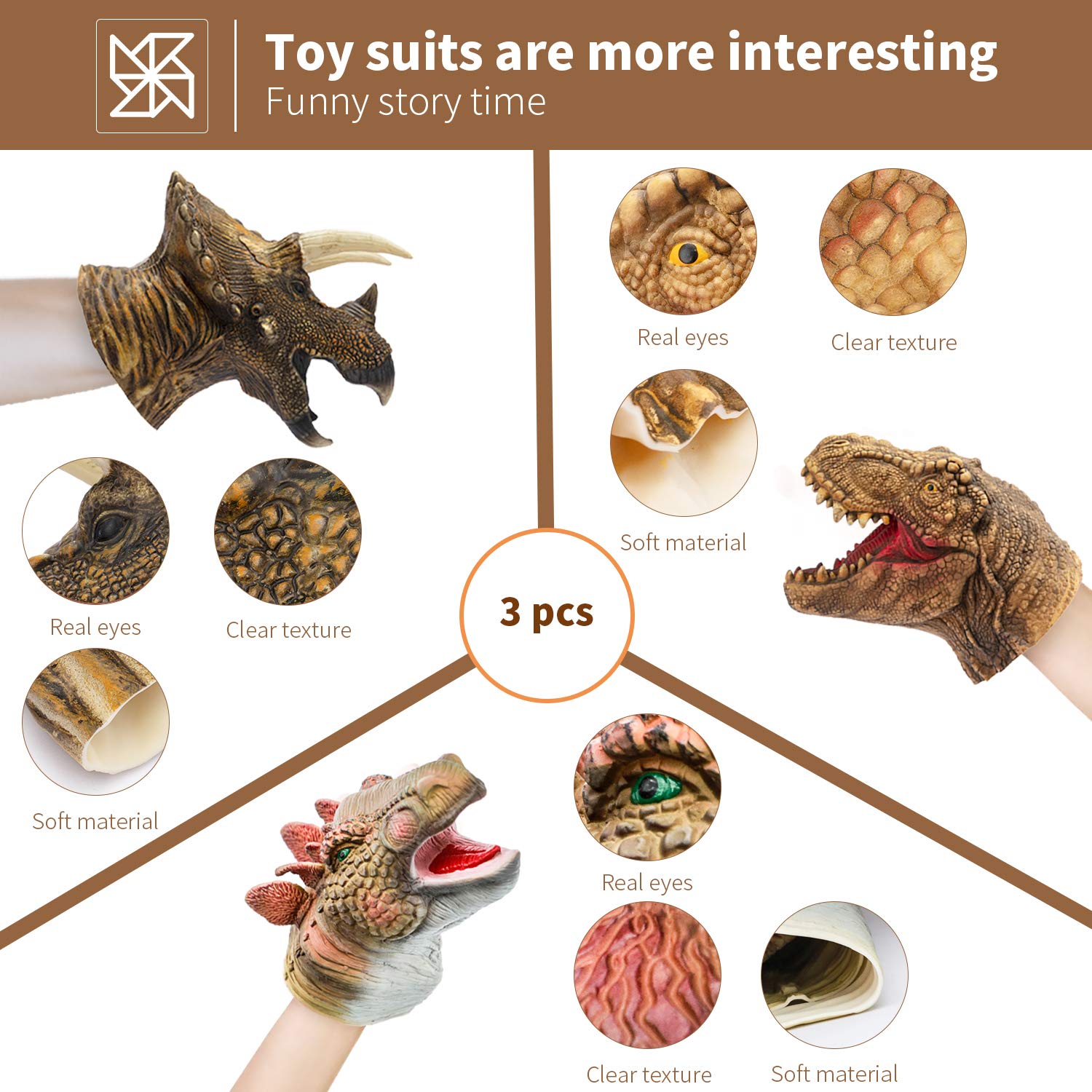 Yolococa Lot de 3 marionnettes à main dinosaures réalistes en latex doux, tyrannosaure, tricératops, stégosaure - Cadeau pour enfants, jeux imaginatifs