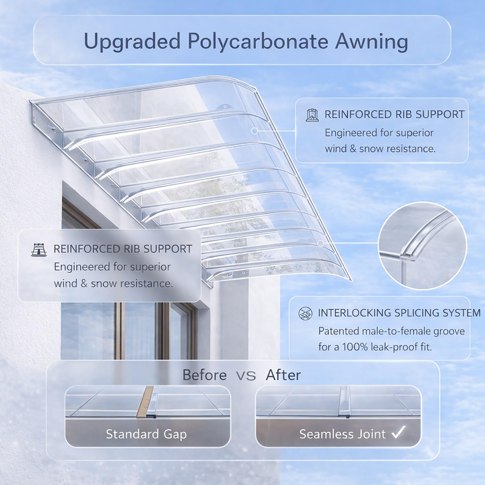 Vordach für Haustür Fenstervordach 40x80cm 50x100cm 60x120cm, Transparent/Braun 3.5mm Polycarbonat Pultbogenvordach, Balkon Eingangstür Überdachung für Sonnenschutz und Regenschutz(Klar,50x100cm)