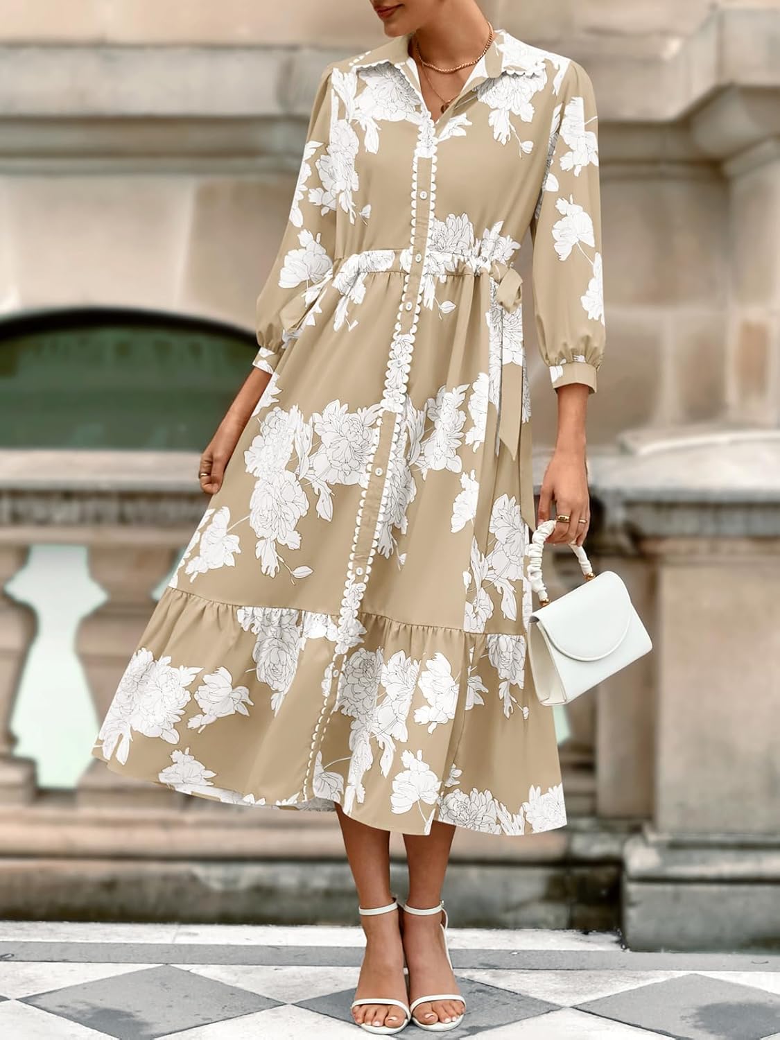 Wenrine Womens Maxi Shirt Dress Casual Floral Collared 3/4 Long Sleeve Drawstring Waist Fall Button Down Dresses - Image 2