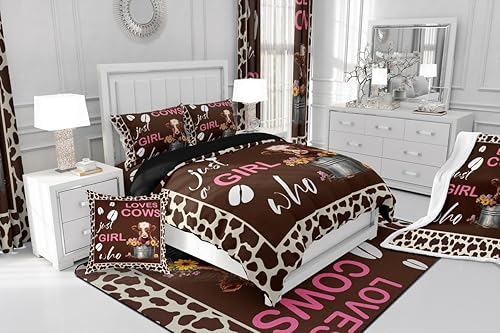 Miniatura 4 de Juego de funda de edredón de vaca de las montañas, color marrón oscuro, para niñas y niños, funda de edredón de cuerno largo, diseño de animales de