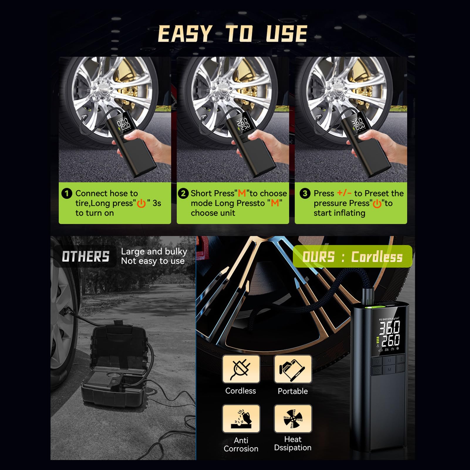 Hyuduo 8000 MAh Inflador de Llantas para Automóvil con Medidor de Presión, Pantalla LCD, Luz LED y Banco de Energía, Inflación Rápida para Motocicletas, Bicicletas y Otros Inflables