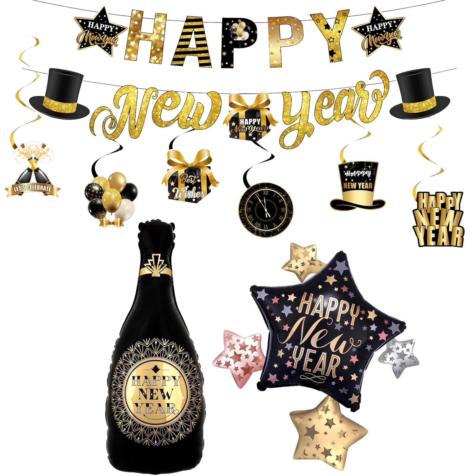 Silvester Deko 2025 XXL-Set – Girlande, 2025 Folienballon, Lametta, Luftballons Gold/weiß, Fotorequisiten