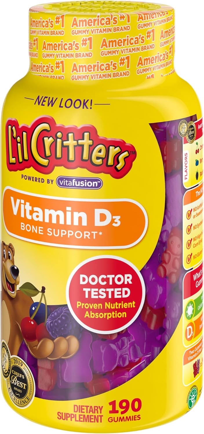 L’il Critters Vitamin D3 Daily Gummy Supplement for Kids, for Immune & Bone Support, Peach and Berry Flavors, 60 Gummies DLC: Oct25 main image 0